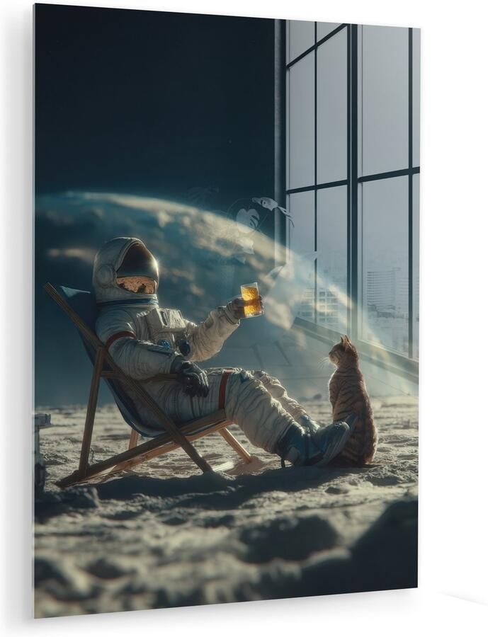 MuchoWow Glasschilderij 30x40 cm Schilderij acrylglas Astronaut Kat Glas Stoel Foto op glas Muurdecoratie woonkamer Wanddecoratie slaapkamer Schilderijen