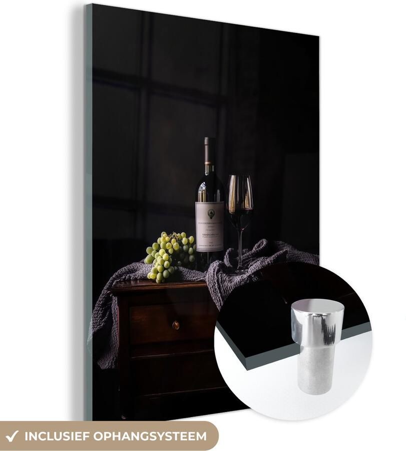 MuchoWow Glasschilderij 90x120 cm Schilderij acrylglas Druiven Wijn Rood Tafel Foto op glas Muurdecoratie woonkamer Wanddecoratie slaapkamer Schilderijen - Foto 2