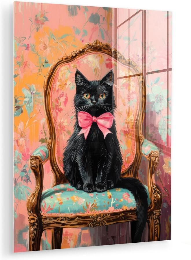 MuchoWow Glasschilderij 90x120 cm Schilderij acrylglas Kat Roze Stoel met bloemenmotief Foto op glas Muurdecoratie woonkamer Wanddecoratie slaapkamer Schilderijen