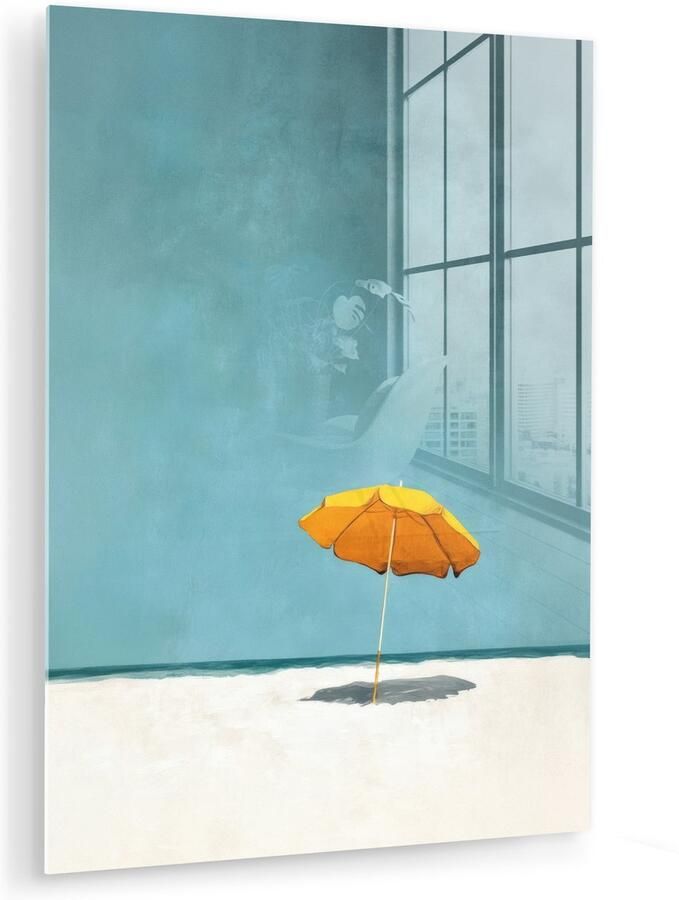 MuchoWow Glasschilderij 90x120 cm Schilderij acrylglas Parasol Geel Strand Zee Foto op glas Muurdecoratie woonkamer Wanddecoratie slaapkamer Schilderijen