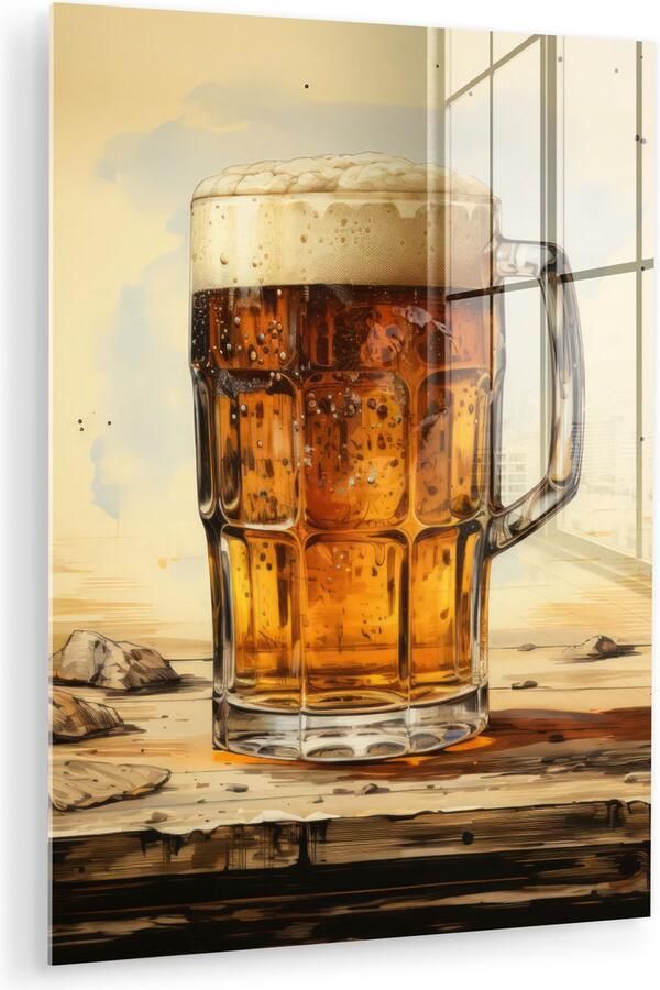 MuchoWow Glasschilderij 120x160 cm Schilderij acrylglas Vintage Bier Pul Hout Tafel Drinken Foto op glas Muurdecoratie woonkamer Wanddecoratie slaapkamer Schilderijen