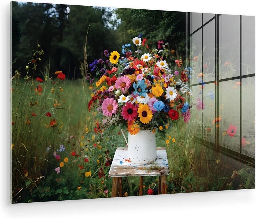 MuchoWow Glasschilderij 30x20 cm Schilderij acrylglas Bloemen Krukje Gieter Veld Foto op glas Muurdecoratie woonkamer Wanddecoratie slaapkamer Schilderijen