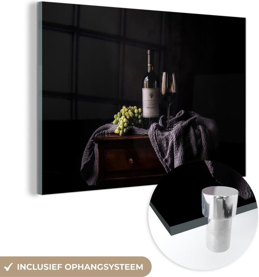 MuchoWow Glasschilderij 120x80 cm Schilderij acrylglas Druiven Wijn Rood Tafel Foto op glas Muurdecoratie woonkamer Wanddecoratie slaapkamer Schilderijen - Foto 2