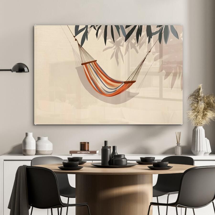 MuchoWow Glasschilderij 90x60 cm Schilderij acrylglas Hangmat Kleurrijk Bladeren Schaduw Foto op glas Muurdecoratie woonkamer Wanddecoratie slaapkamer Schilderijen