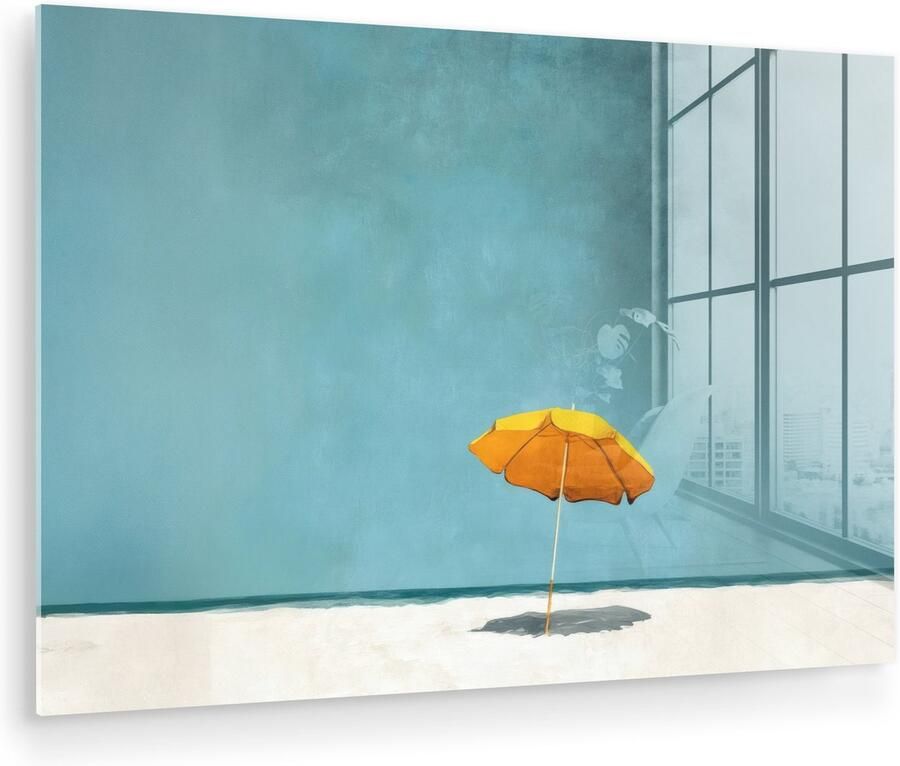 MuchoWow Glasschilderij 180x120 cm Schilderij acrylglas Parasol Geel Strand Zee Foto op glas Muurdecoratie woonkamer Wanddecoratie slaapkamer Schilderijen