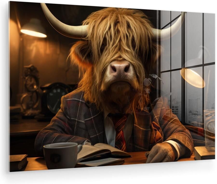 MuchoWow Glasschilderij 120x80 cm Schilderij acrylglas Schotse hooglander Dier Pak Bureau Foto op glas Muurdecoratie woonkamer Wanddecoratie slaapkamer Schilderijen