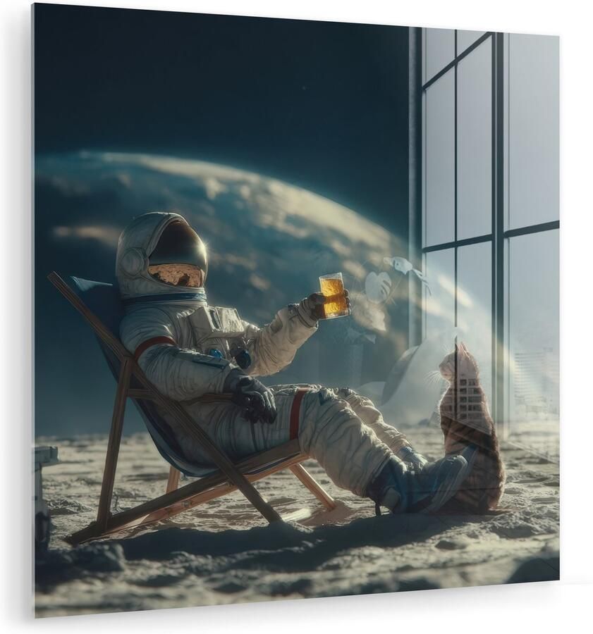 MuchoWow Glasschilderij 20x20 cm Schilderij acrylglas Astronaut Kat Glas Stoel Foto op glas Muurdecoratie woonkamer Wanddecoratie slaapkamer Schilderijen