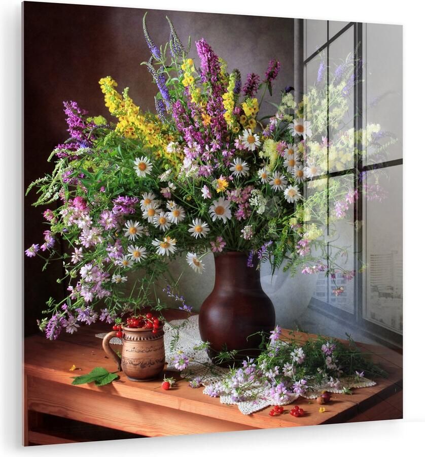 MuchoWow Glasschilderij 20x20 cm Schilderij acrylglas Bloemen Tafel Stilleven Boeket Vaas Foto op glas Muurdecoratie woonkamer Wanddecoratie slaapkamer Schilderijen - Foto 2