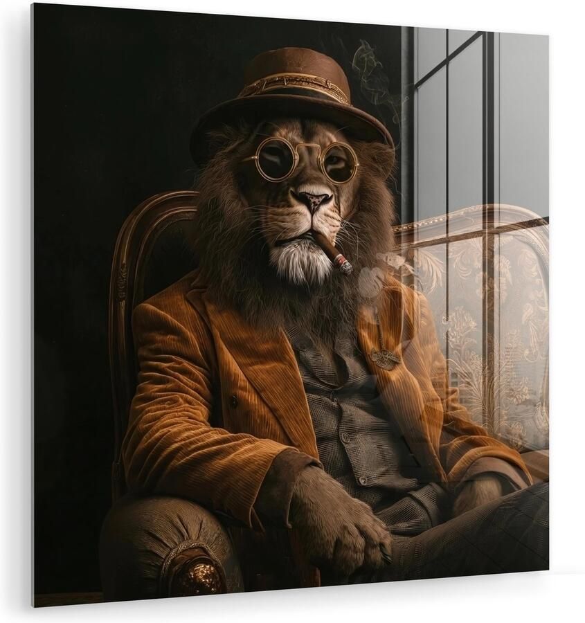 MuchoWow Glasschilderij 90x90 cm Schilderij acrylglas Bril Leeuw Bank Hoed Foto op glas Muurdecoratie woonkamer Wanddecoratie slaapkamer Schilderijen