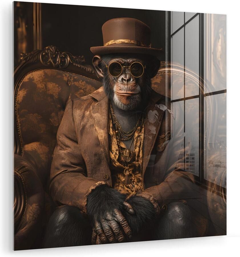 MuchoWow Glasschilderij 90x90 cm Schilderij acrylglas Chimpansee Stoel Pak Bruin Foto op glas Muurdecoratie woonkamer Wanddecoratie slaapkamer Schilderijen