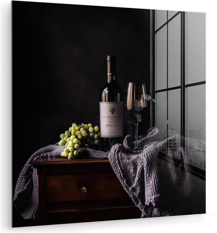MuchoWow Glasschilderij 20x20 cm Schilderij acrylglas Druiven Wijn Rood Tafel Foto op glas Muurdecoratie woonkamer Wanddecoratie slaapkamer Schilderijen