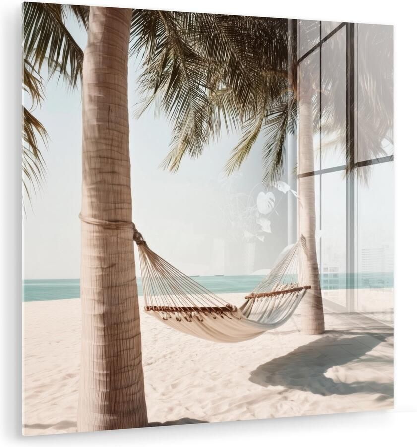 MuchoWow Glasschilderij 90x90 cm Schilderij acrylglas Hangmat Palmbomen Strand Zee Foto op glas Muurdecoratie woonkamer Wanddecoratie slaapkamer Schilderijen