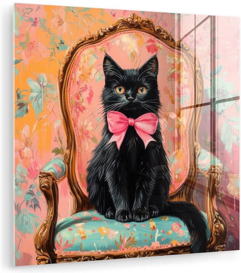 MuchoWow Glasschilderij 90x90 cm Schilderij acrylglas Kat Roze Stoel met bloemenmotief Foto op glas Muurdecoratie woonkamer Wanddecoratie slaapkamer Schilderijen