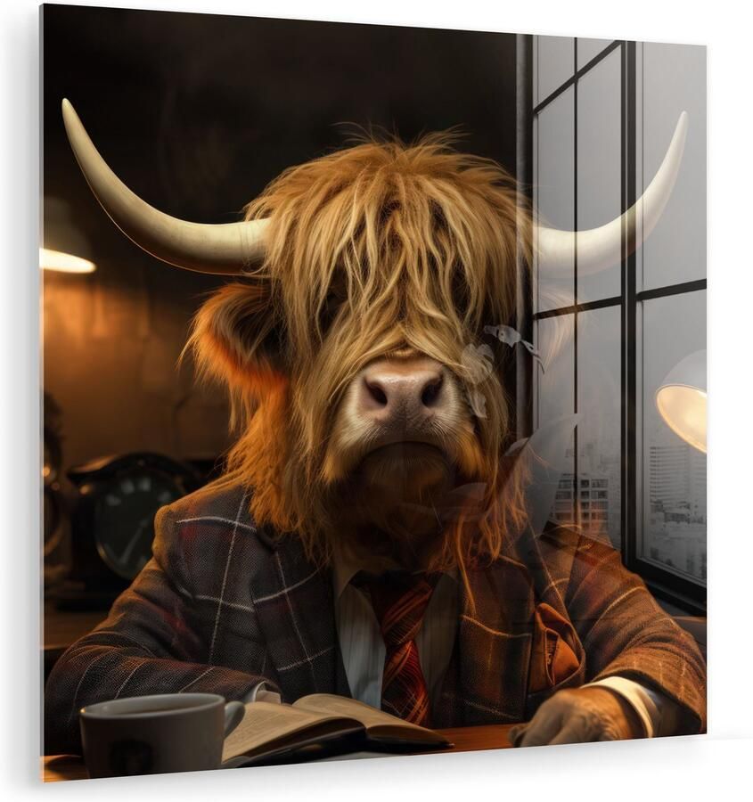 MuchoWow Glasschilderij 90x90 cm Schilderij acrylglas Schotse hooglander Dier Pak Bureau Foto op glas Muurdecoratie woonkamer Wanddecoratie slaapkamer Schilderijen
