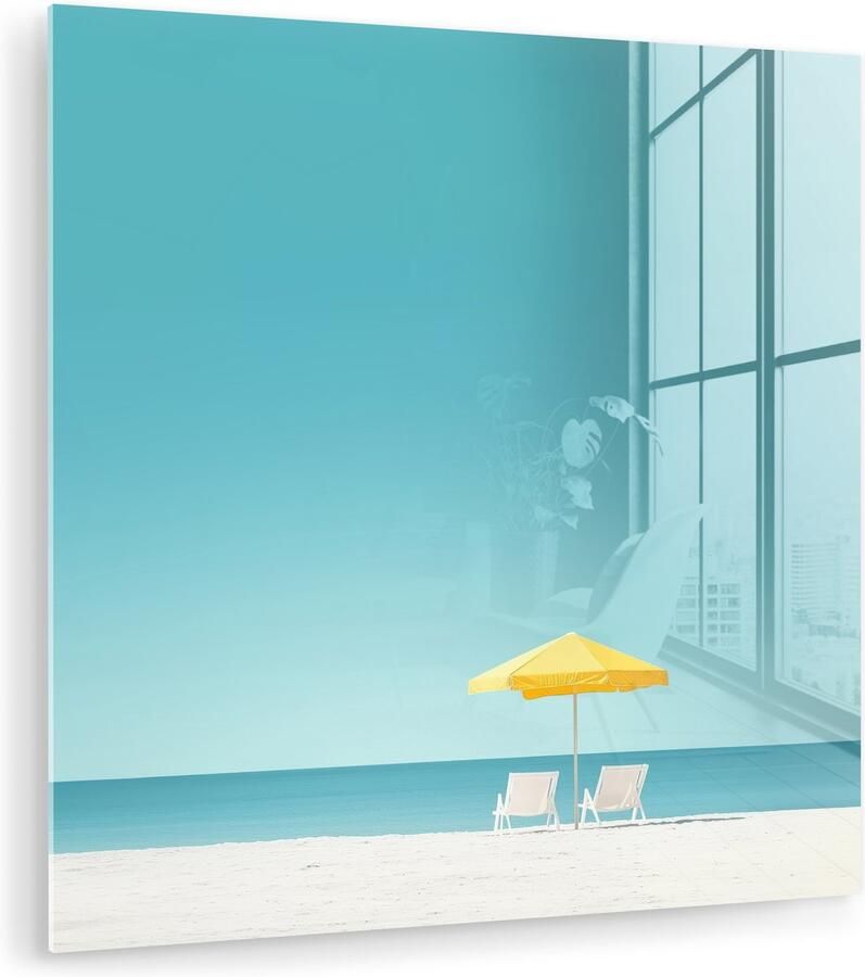 MuchoWow Glasschilderij 90x90 cm Schilderij acrylglas Strand Blauwe lucht Geel Parasol Foto op glas Muurdecoratie woonkamer Wanddecoratie slaapkamer Schilderijen