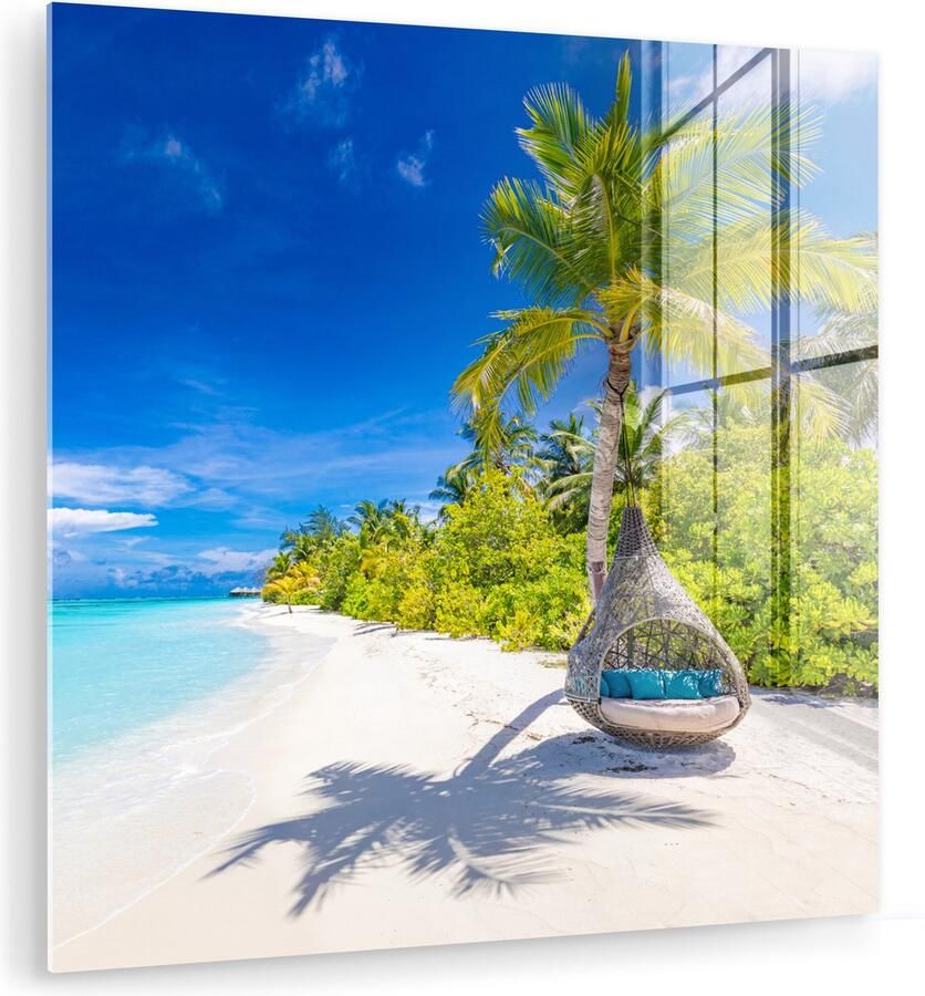 MuchoWow Glasschilderij 90x90 cm Schilderij acrylglas Strand Palm Hangstoel Foto op glas Muurdecoratie woonkamer Wanddecoratie slaapkamer Schilderijen - Foto 3