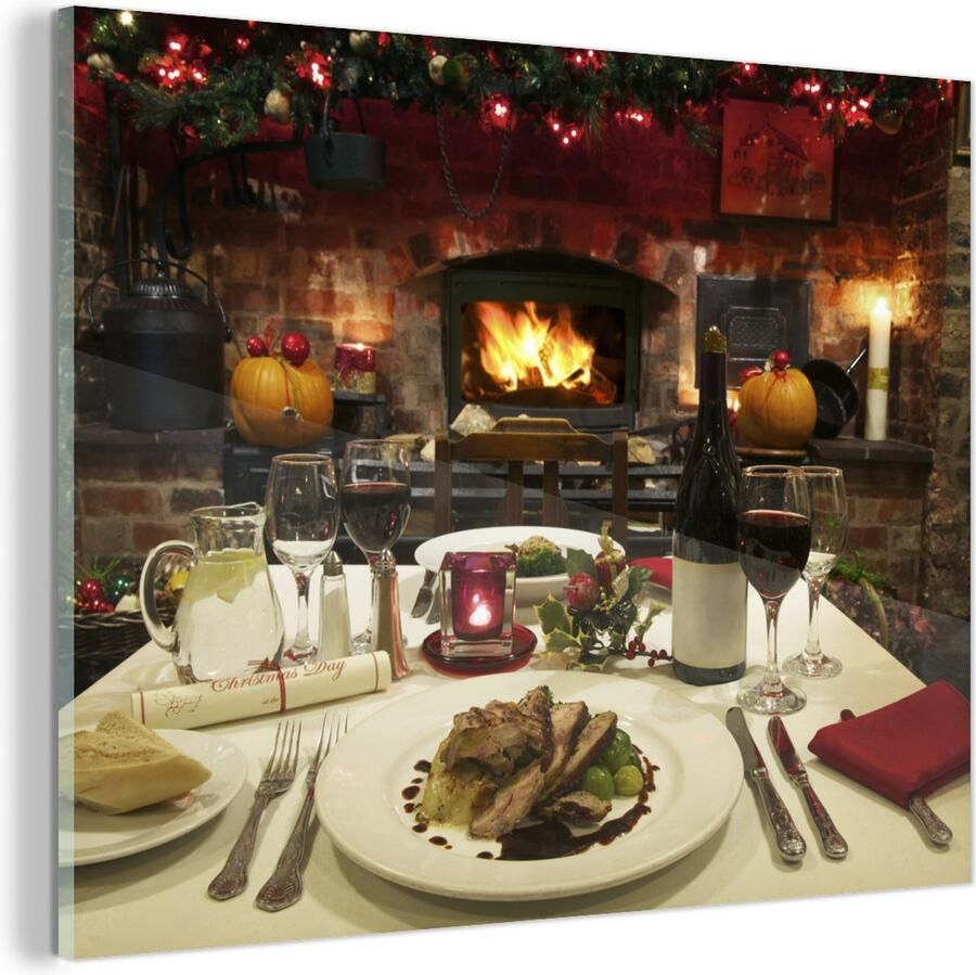 MuchoWow Glasschilderij Een tafel gedekt voor een kerstdiner in een restaurant 160x120 cm Acrylglas Schilderijen Foto op Glas