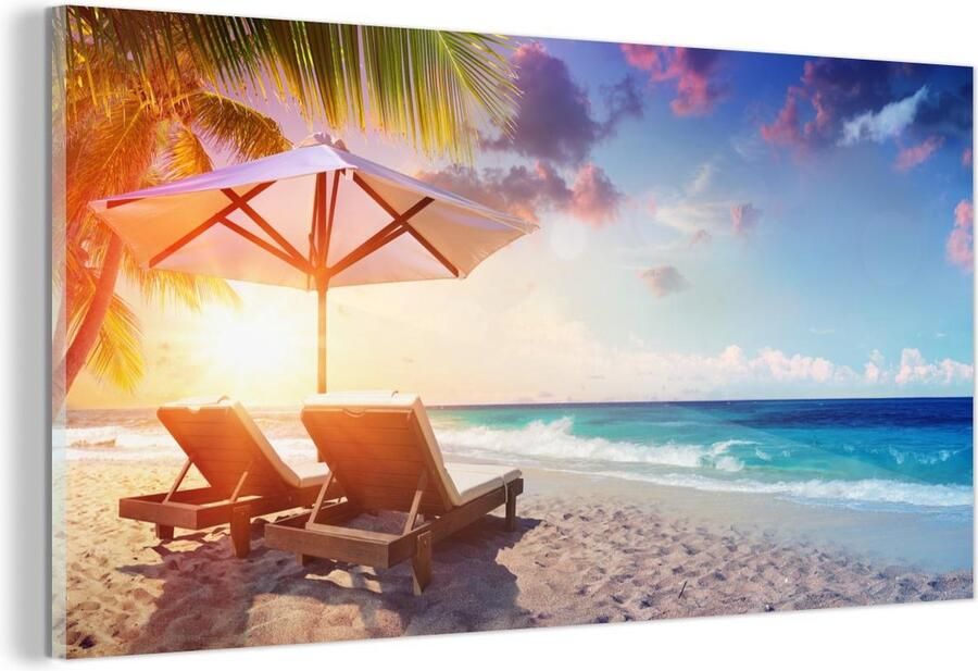 MuchoWow Glasschilderij Parasol Stoelen Strand 120x60 cm Acrylglas Schilderijen Foto op Glas