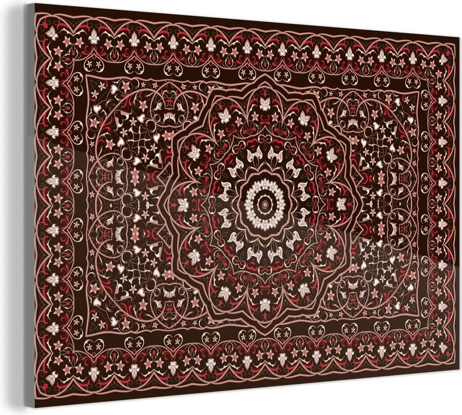 MuchoWow Glasschilderij Patronen Mandala Vloerkleed Rood 30x20 cm Acrylglas Schilderijen Foto op Glas