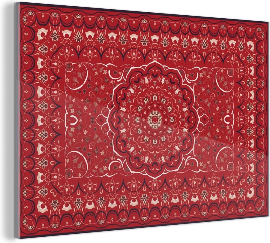 MuchoWow Glasschilderij Perzisch Tapijt Vloerkleed Mandala Rood 90x60 cm Acrylglas Schilderijen Foto op Glas