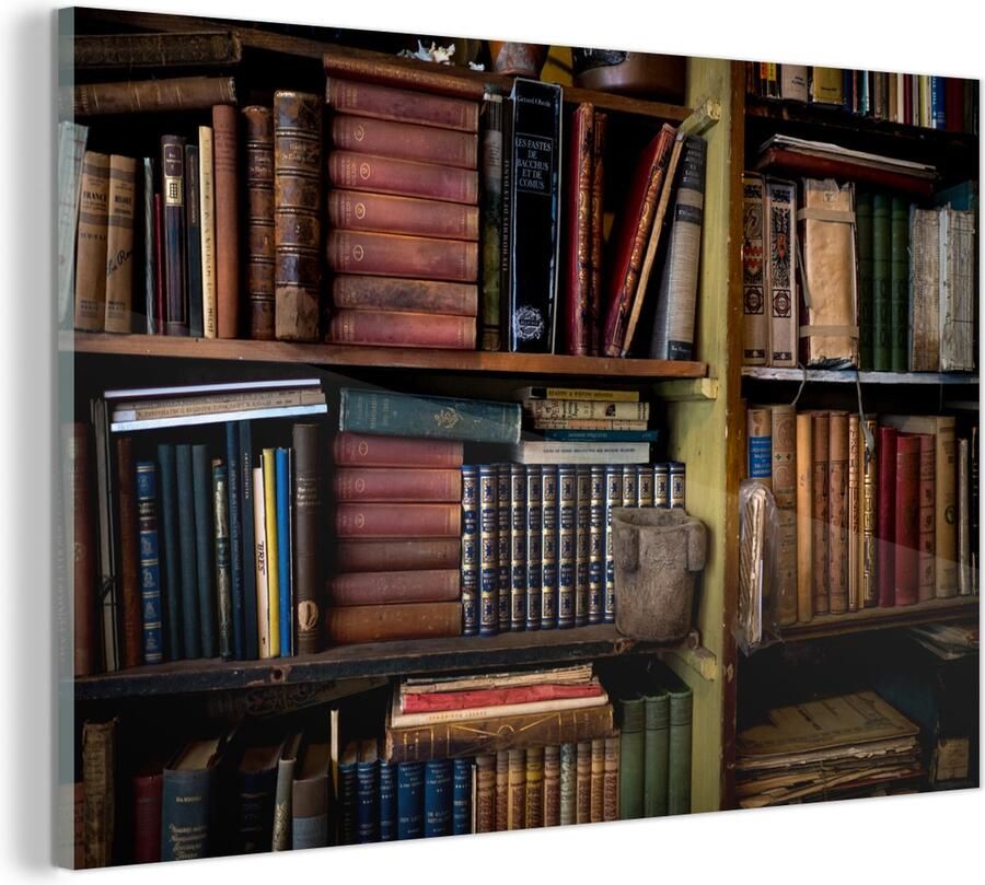 MuchoWow Glasschilderij Stilleven van oude boeken in een kast 150x100 cm Acrylglas Schilderijen Foto op Glas
