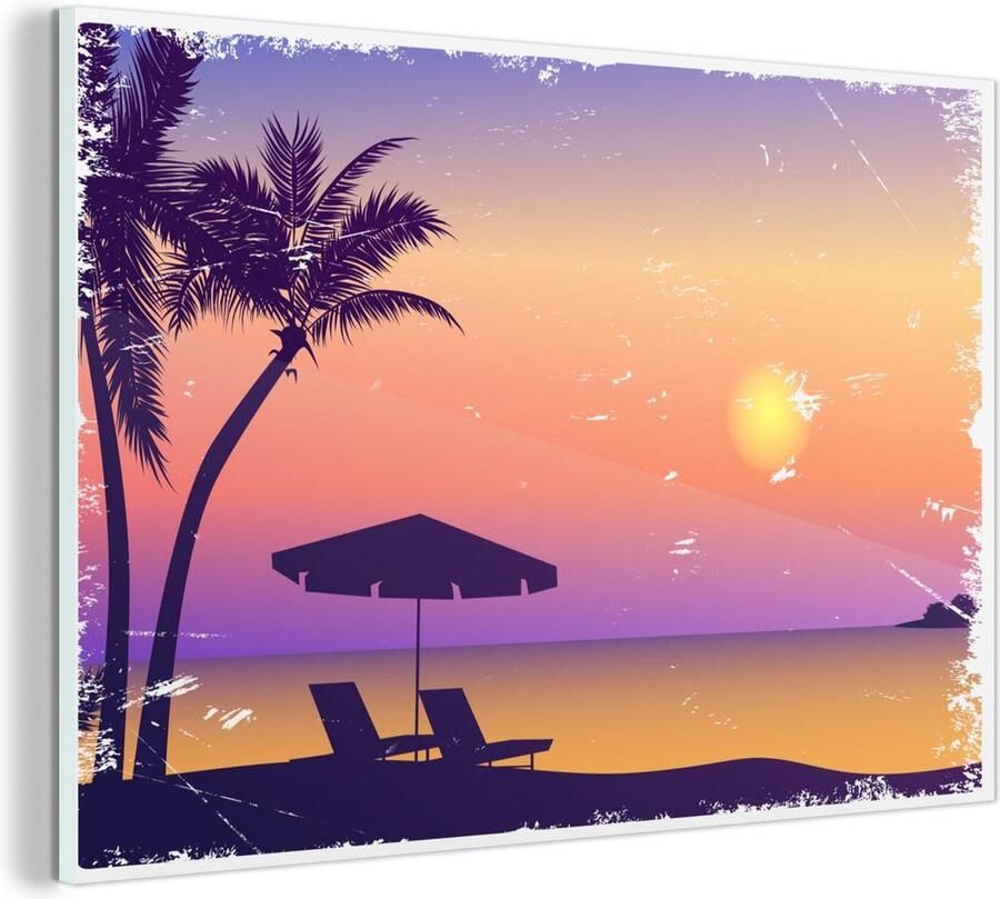 MuchoWow Glasschilderij Strand Stoel Parasol Nacht 150x100 cm Acrylglas Schilderijen Foto op Glas