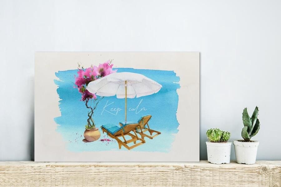 MuchoWow Glasschilderij Strandstoel Bloemen Parasol Waterverf 30x20 cm Acrylglas Schilderijen Foto op Glas