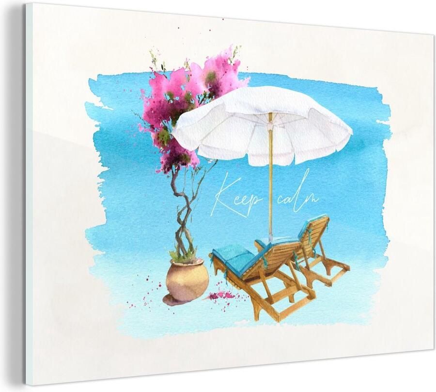 MuchoWow Glasschilderij Strandstoel Bloemen Parasol Waterverf 180x120 cm Acrylglas Schilderijen Foto op Glas
