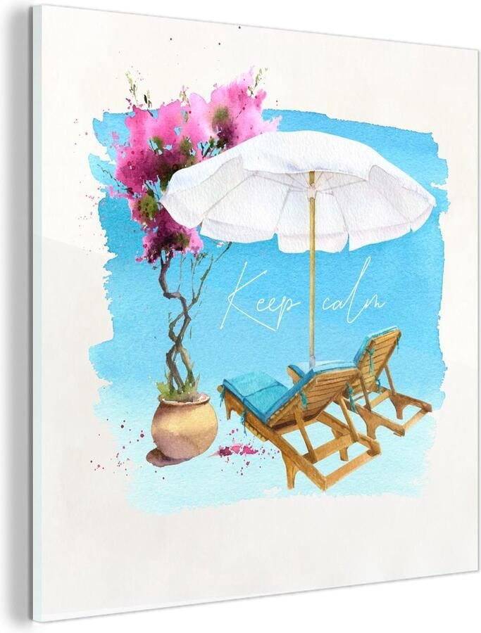 MuchoWow Glasschilderij Strandstoel Parasol Bloemen Tekening 90x90 cm Acrylglas Schilderijen Foto op Glas