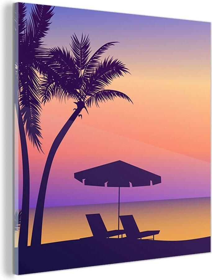 MuchoWow Glasschilderij Strandstoel Parasol Nacht Tekening 90x90 cm Acrylglas Schilderijen Foto op Glas