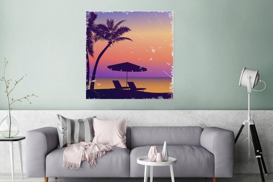 MuchoWow Glasschilderij Strandstoel Parasol Nacht Waterverf 90x90 cm Acrylglas Schilderijen Foto op Glas