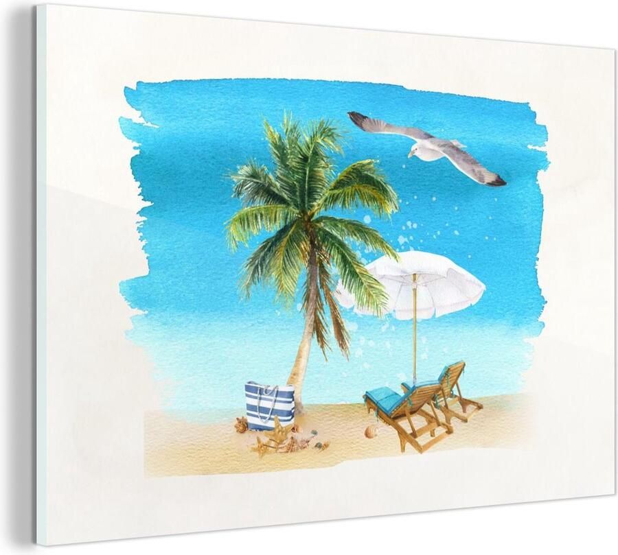 MuchoWow Glasschilderij Strandstoel Parasol Palmbomen Strand 180x120 cm Acrylglas Schilderijen Foto op Glas