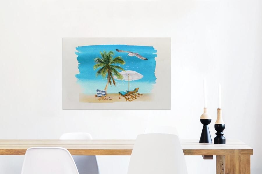 MuchoWow Glasschilderij Strandstoel Parasol Palmbomen Strand 90x60 cm Acrylglas Schilderijen Foto op Glas