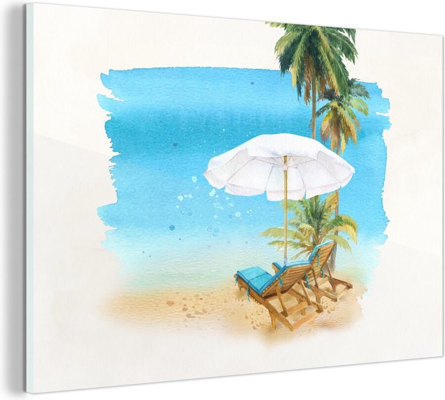 MuchoWow Glasschilderij Strandstoel Parasol Palmbomen Waterverf 60x40 cm Acrylglas Schilderijen Foto op Glas