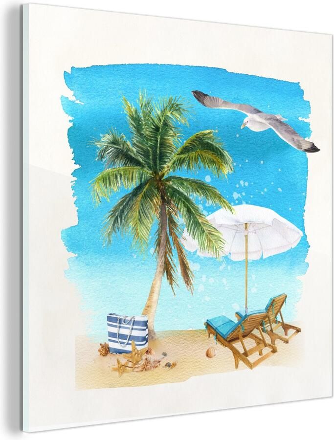 MuchoWow Glasschilderij Strandstoel Parasol Palmboom 90x90 cm Acrylglas Schilderijen Foto op Glas
