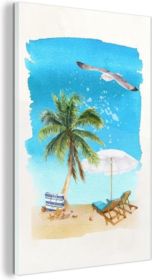 MuchoWow Glasschilderij Strandstoel Parasol Palmboom Lucht 120x180 cm Acrylglas Schilderijen Foto op Glas