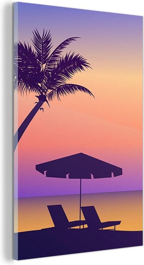 MuchoWow Glasschilderij Strandstoel Parasol Palmboom Nacht 120x180 cm Acrylglas Schilderijen Foto op Glas