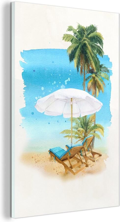 MuchoWow Glasschilderij Strandstoel Parasol Palmboom- Zee 100x150 cm Acrylglas Schilderijen Foto op Glas
