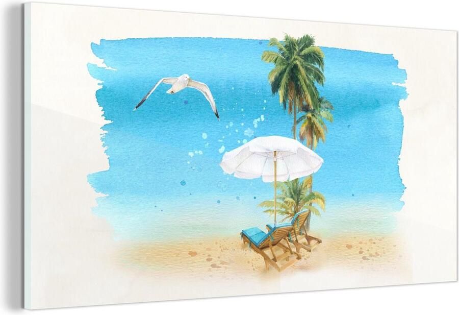 MuchoWow Glasschilderij Strandstoel Parasol Vogel Palm 120x60 cm Acrylglas Schilderijen Foto op Glas