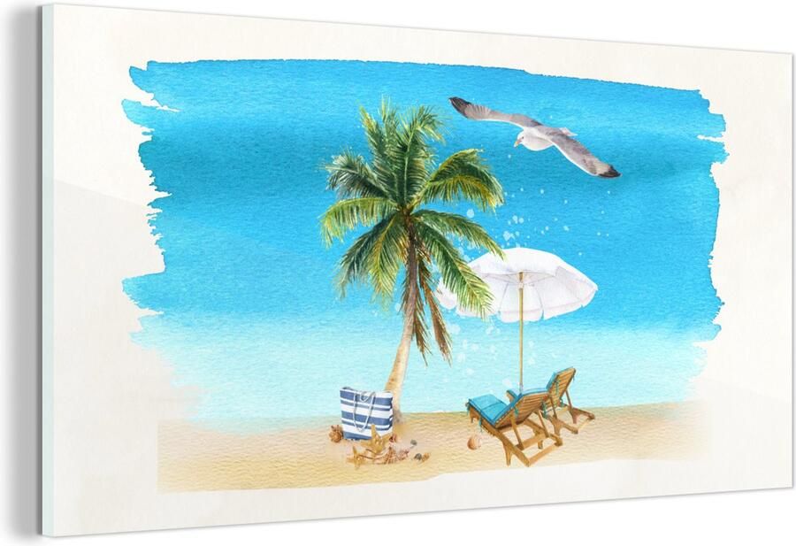 MuchoWow Glasschilderij Strandstoel Parasol Vogel Waterverf 40x20 cm Acrylglas Schilderijen Foto op Glas