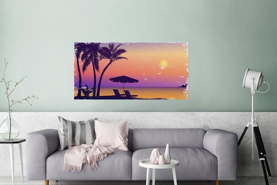 MuchoWow Glasschilderij Strandstoel Parasol Zand Nacht 160x80 cm Acrylglas Schilderijen Foto op Glas