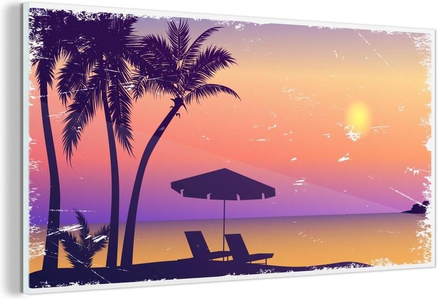 MuchoWow Glasschilderij Strandstoel Parasol Zand Nacht 40x20 cm Acrylglas Schilderijen Foto op Glas