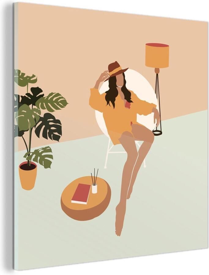 MuchoWow Glasschilderij Vrouw Stoel Hoed Pastel 90x90 cm Acrylglas Schilderijen Foto op Glas