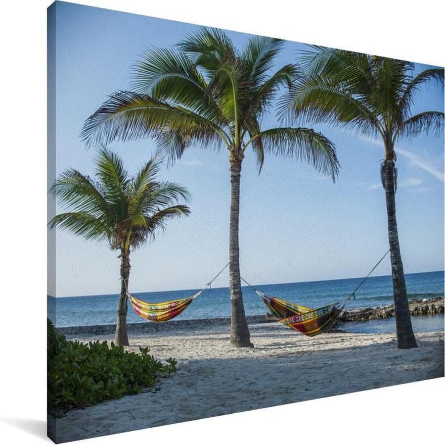 MuchoWow Hangmatten die aan de palmen op strand zijn gebonden op een heldere dag in Grand Cayman Canvas 80x60 cm Foto print op Canvas schilderij (Wanddecoratie woonkamer slaapkamer)