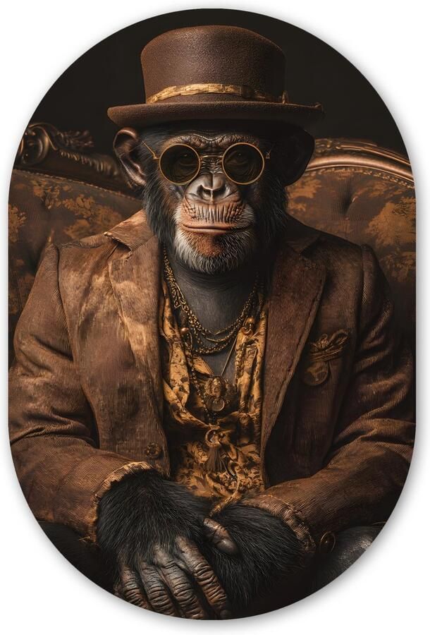 MuchoWow Muurovaal 60x90 cm Ovale wanddecoratie Chimpansee Stoel Pak Bruin Ovalen schilderij Muurdecoratie woonkamer Kamer decoratie Schilderijen Wandcirkel