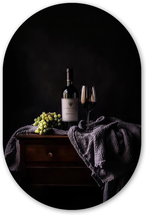 MuchoWow Muurovaal 60x90 cm Ovale wanddecoratie Druiven Wijn Rood Tafel Ovalen schilderij Muurdecoratie woonkamer Kamer decoratie Schilderijen Wandcirkel