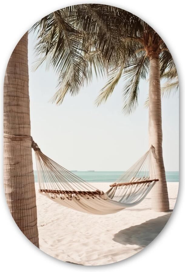 MuchoWow Muurovaal 60x90 cm Ovale wanddecoratie Hangmat Palmbomen Strand Zee Ovalen schilderij Muurdecoratie woonkamer Kamer decoratie Schilderijen Wandcirkel