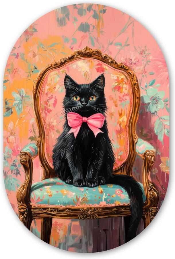 MuchoWow Muurovaal 60x90 cm Ovale wanddecoratie Kat Roze Stoel met bloemenmotief Ovalen schilderij Muurdecoratie woonkamer Kamer decoratie Schilderijen Wandcirkel