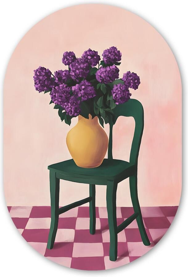 MuchoWow Muurovaal 60x90 cm Ovale wanddecoratie Stoel Vaas Bloemen Geblokt Ovalen schilderij Muurdecoratie woonkamer Kamer decoratie Schilderijen Wandcirkel