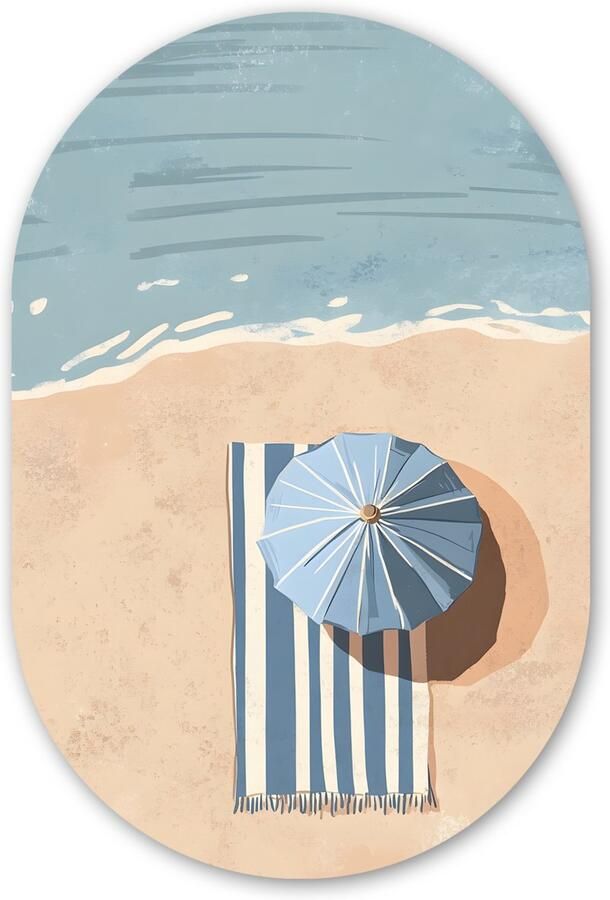 MuchoWow Muurovaal 40x60 cm Ovale wanddecoratie Strandlaken Strepen Parasol Strand Ovalen schilderij Muurdecoratie woonkamer Kamer decoratie Schilderijen Wandcirkel